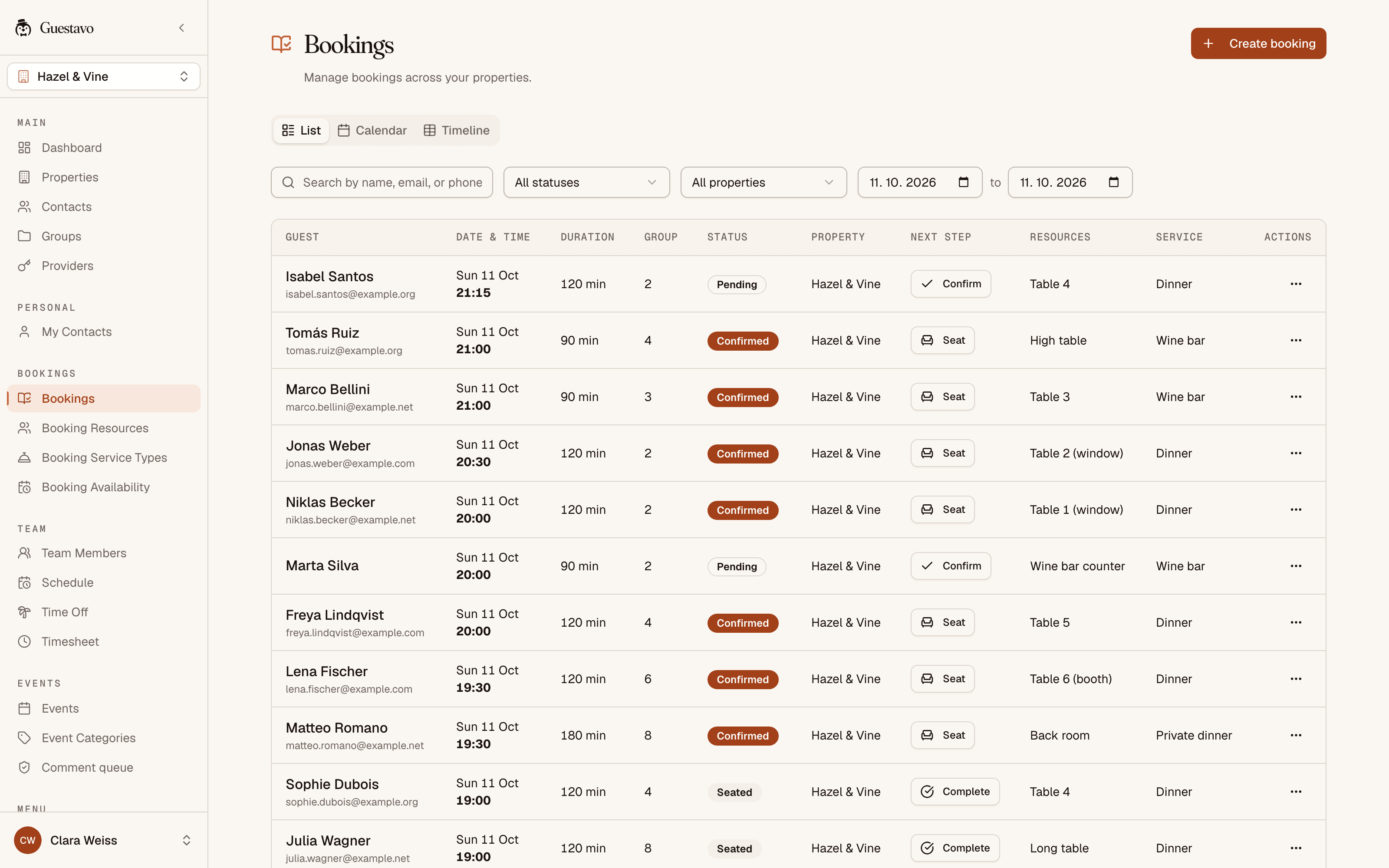 Guestavo booking list with guests, times, party sizes, tables and status