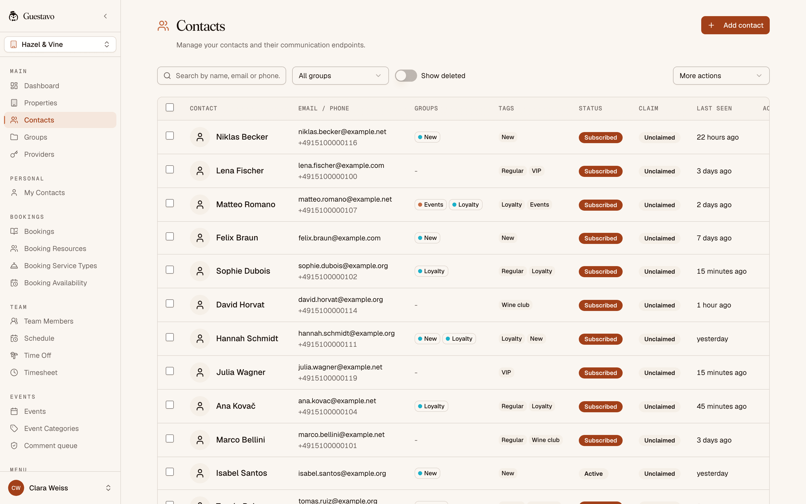 Guestavo guest book with groups, tags, consent status and last visit