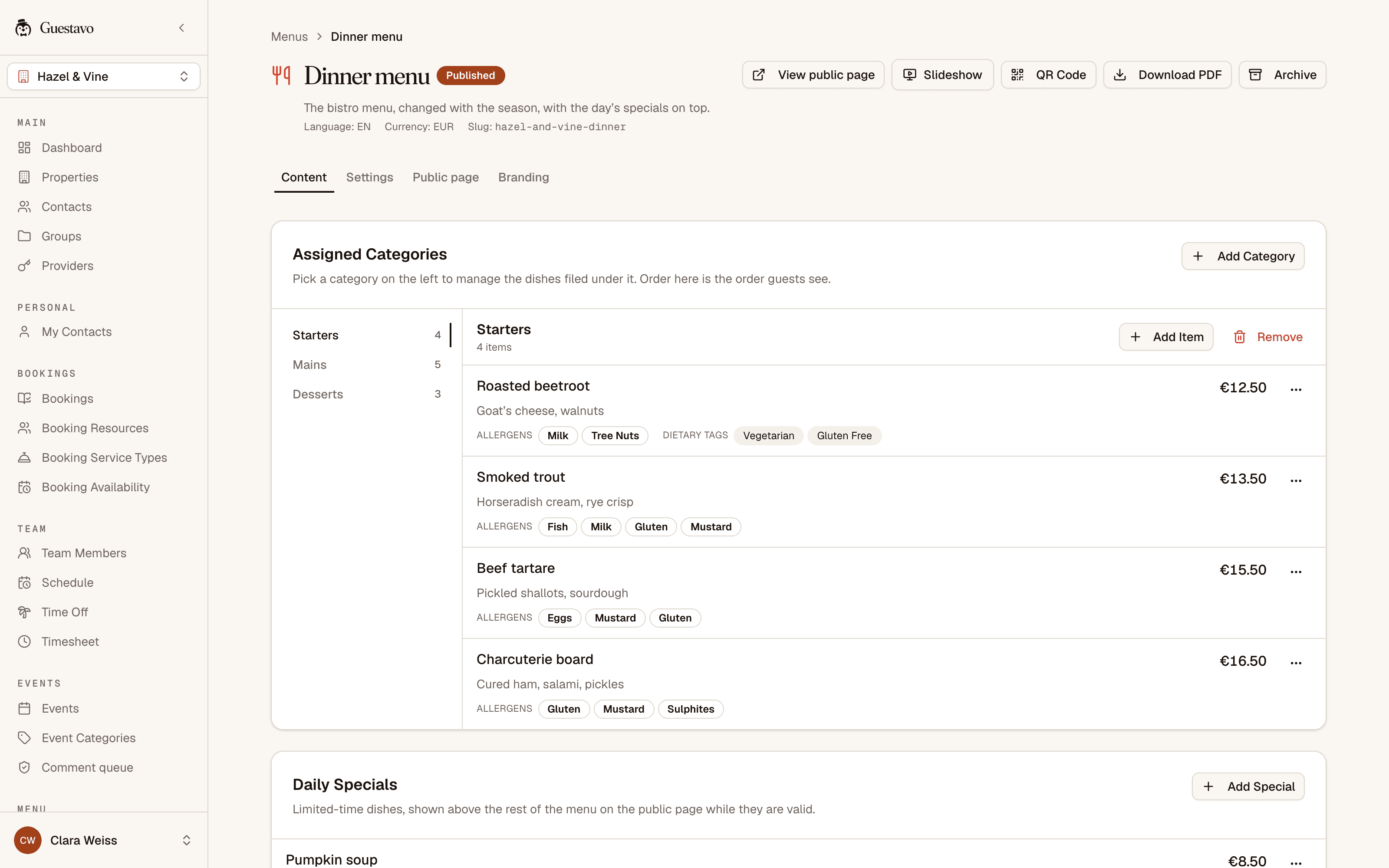 Guestavo menu editor with categories, prices and allergen tags