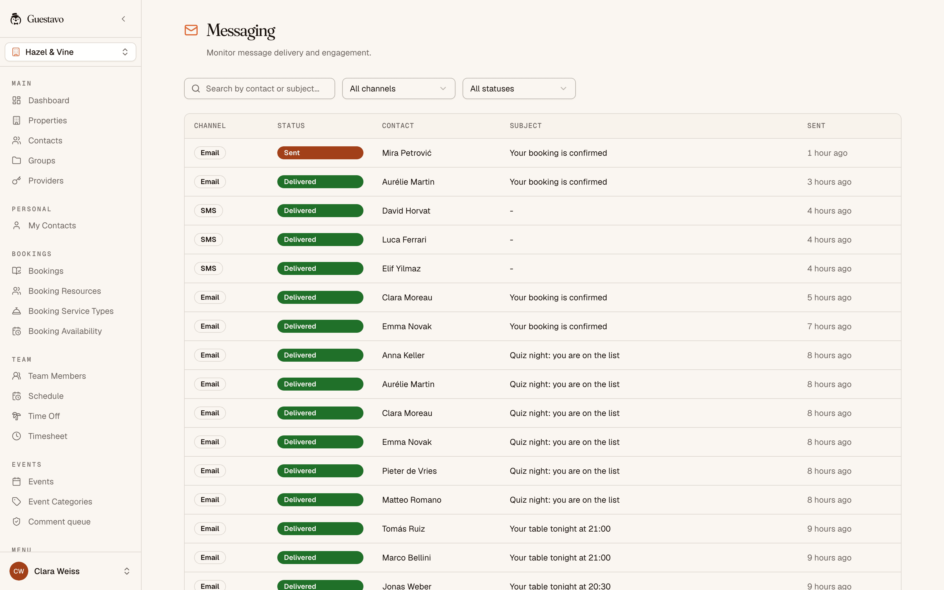 Guestavo message log listing booking confirmations, event sign-ups and table reminders sent by email and SMS, each with its delivery status and the time it went out