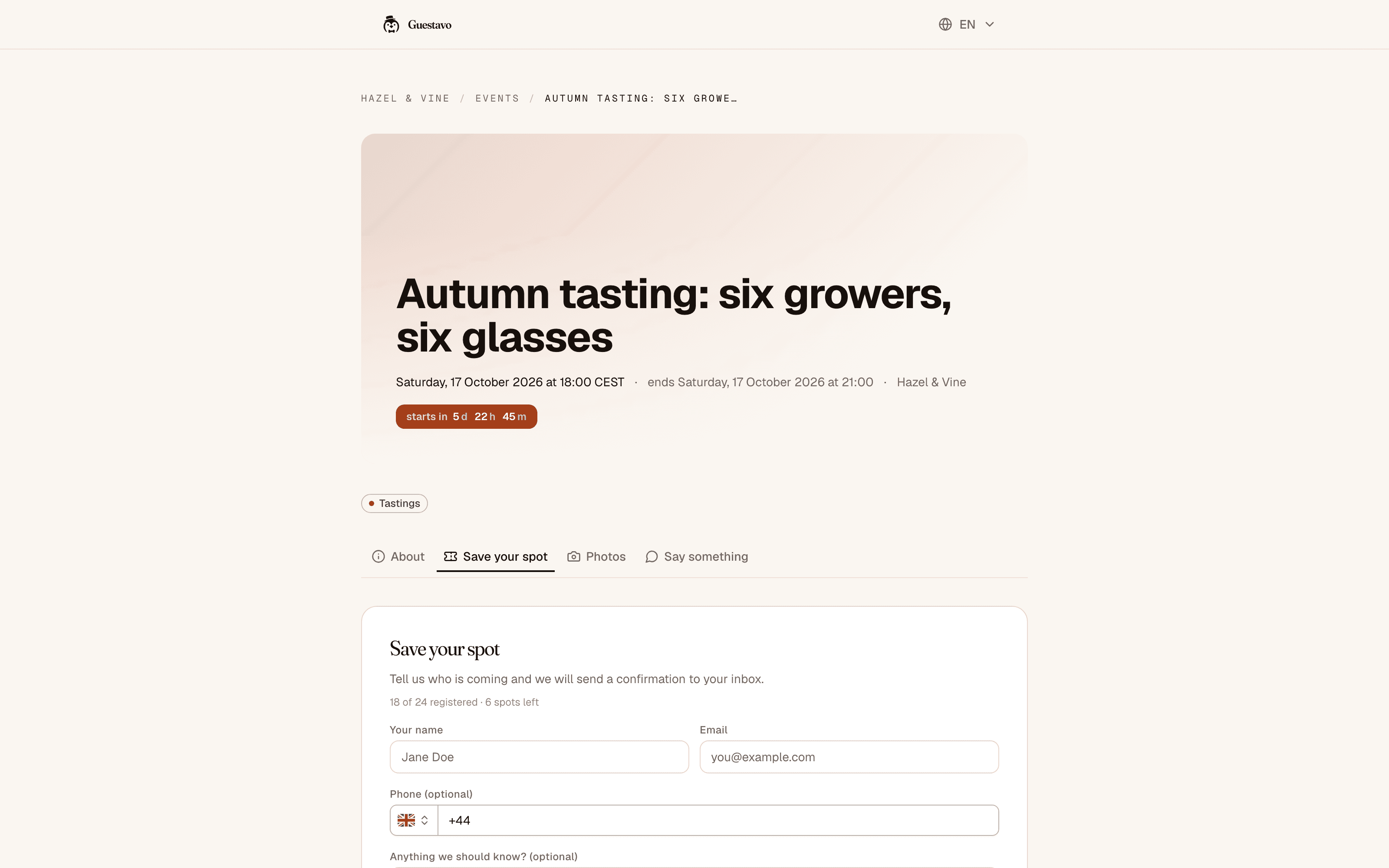 A public event page with the date, a countdown and the sign-up tab