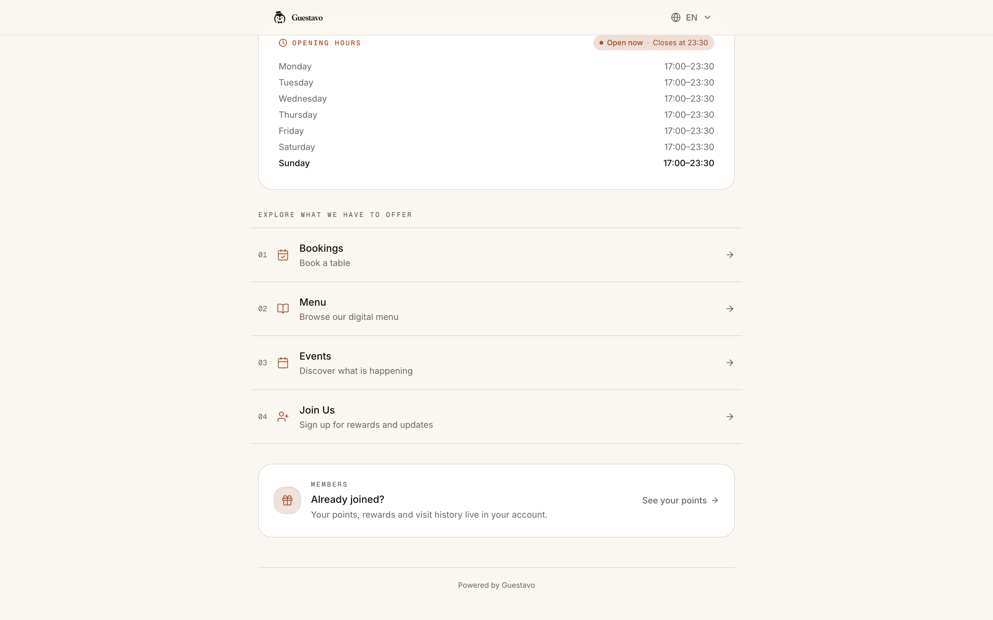 The same page further down, with links to book, read the menu, see events and join, and a sign-in for members